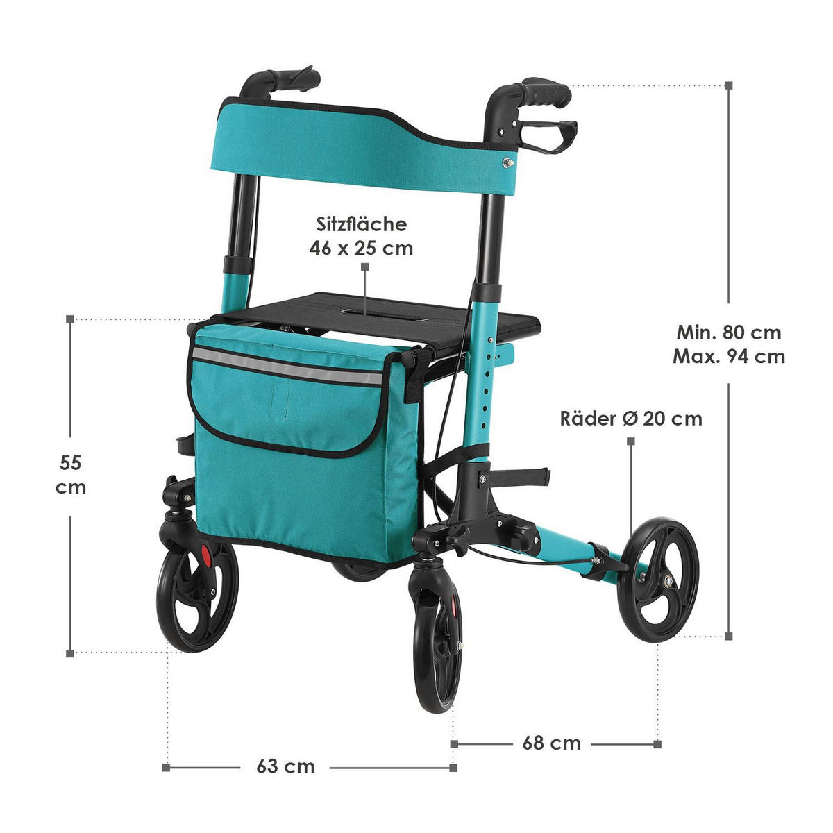 ROLLATOR Vital petrol klappbar mit Sitzfläche & Einkaufstasche - Petrol, Metall (63/80/68cm) - Juskys