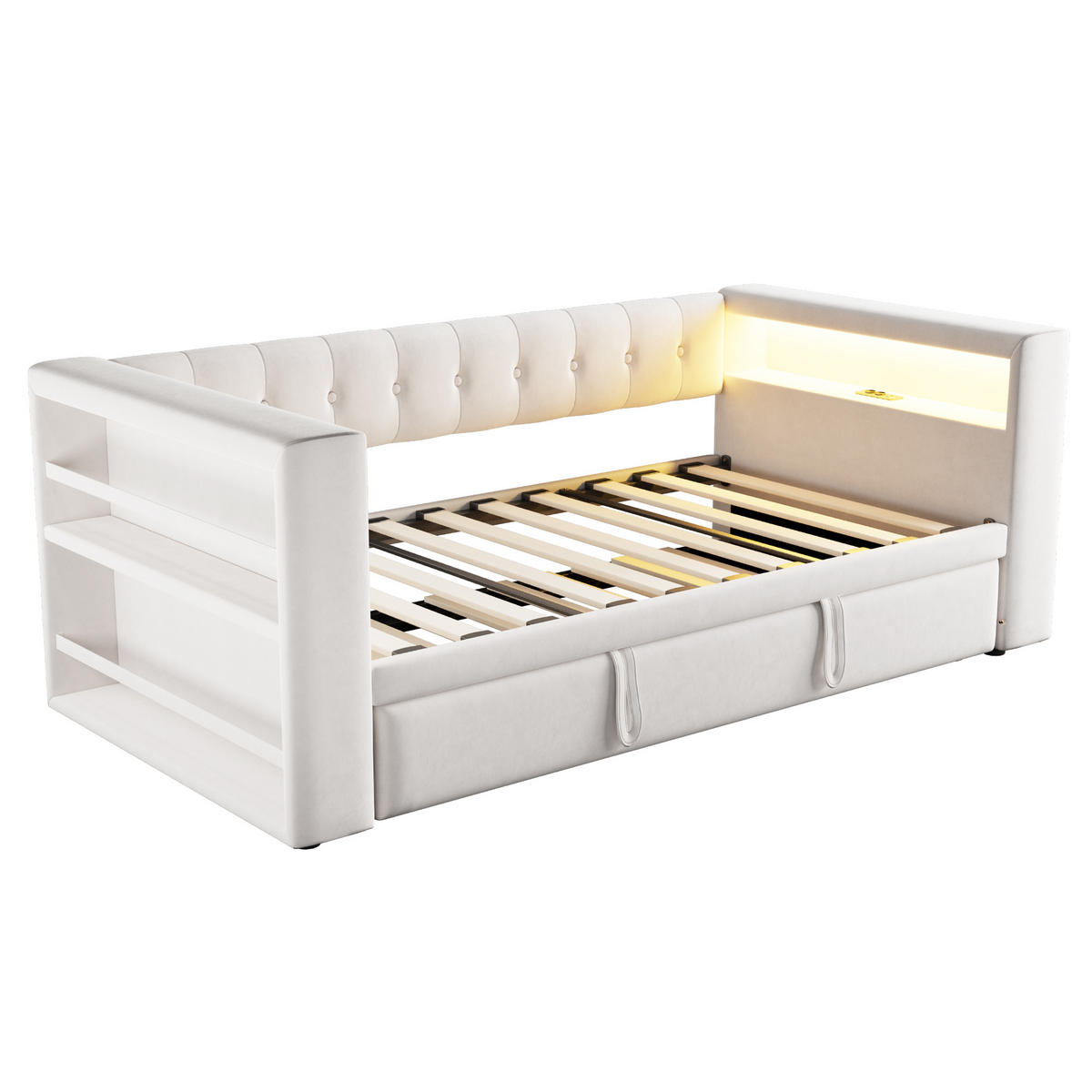 AUSZIEHBETT 90/180/190 cm DE-02084, in Beige, mit LED und Steckdosen - Beige, Metall (90/190cm) - ComfortXL