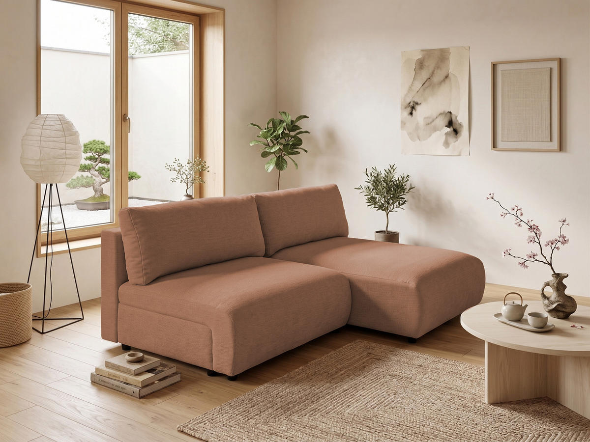 ECKSOFA Sora mit Schlaffunktion, Bettkasten und extra tiefer Komfortzone aus hochwertigem Terrakotta Strukturstoff - Terracotta/Schwarz, Holz/Kunststoff (200/140cm) - S-Style