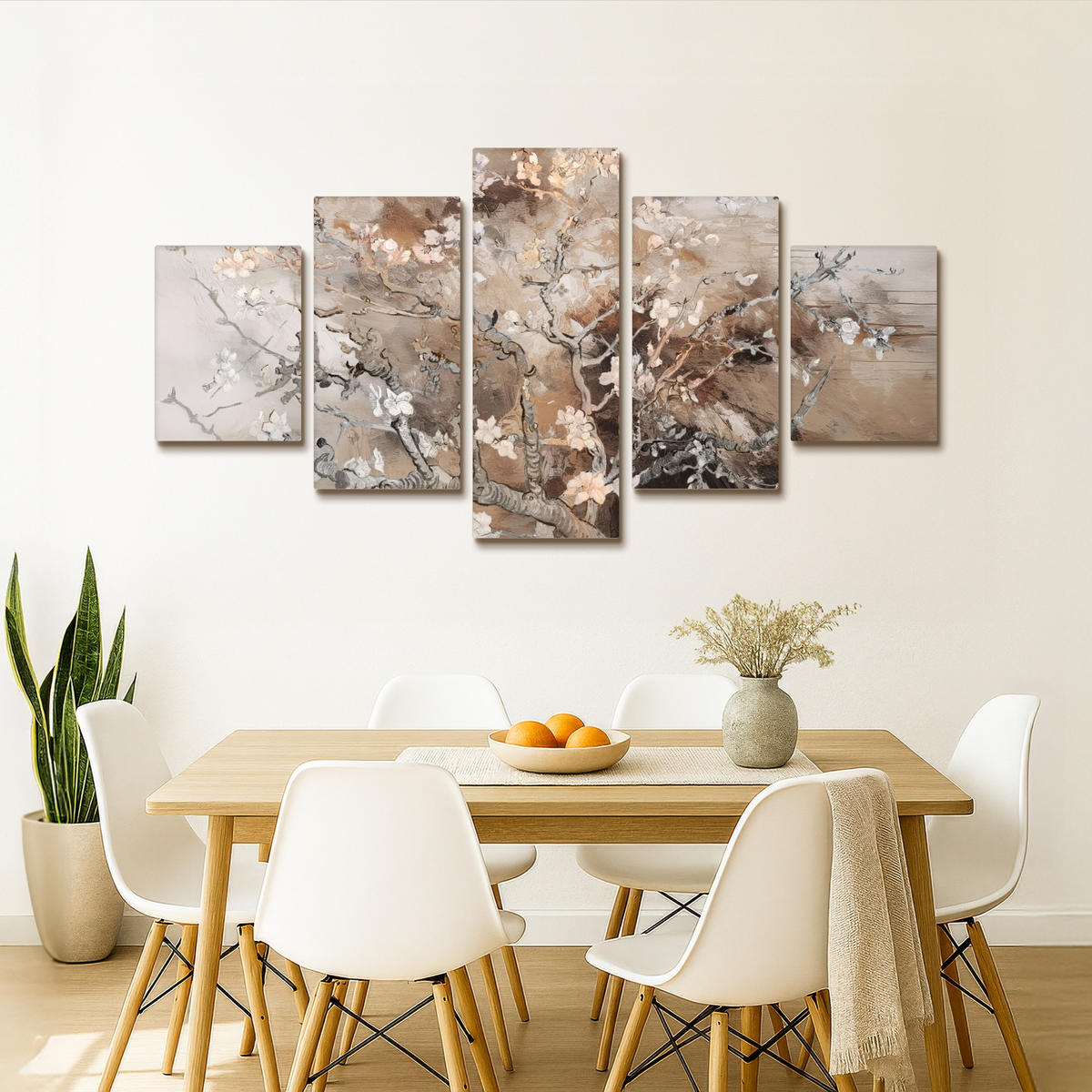 LEINWANDBILD 5er Set Mandelblüte - Abstrakt - Beige 150x80 cm - Beige, Textil (150/80cm) - MuchoWow