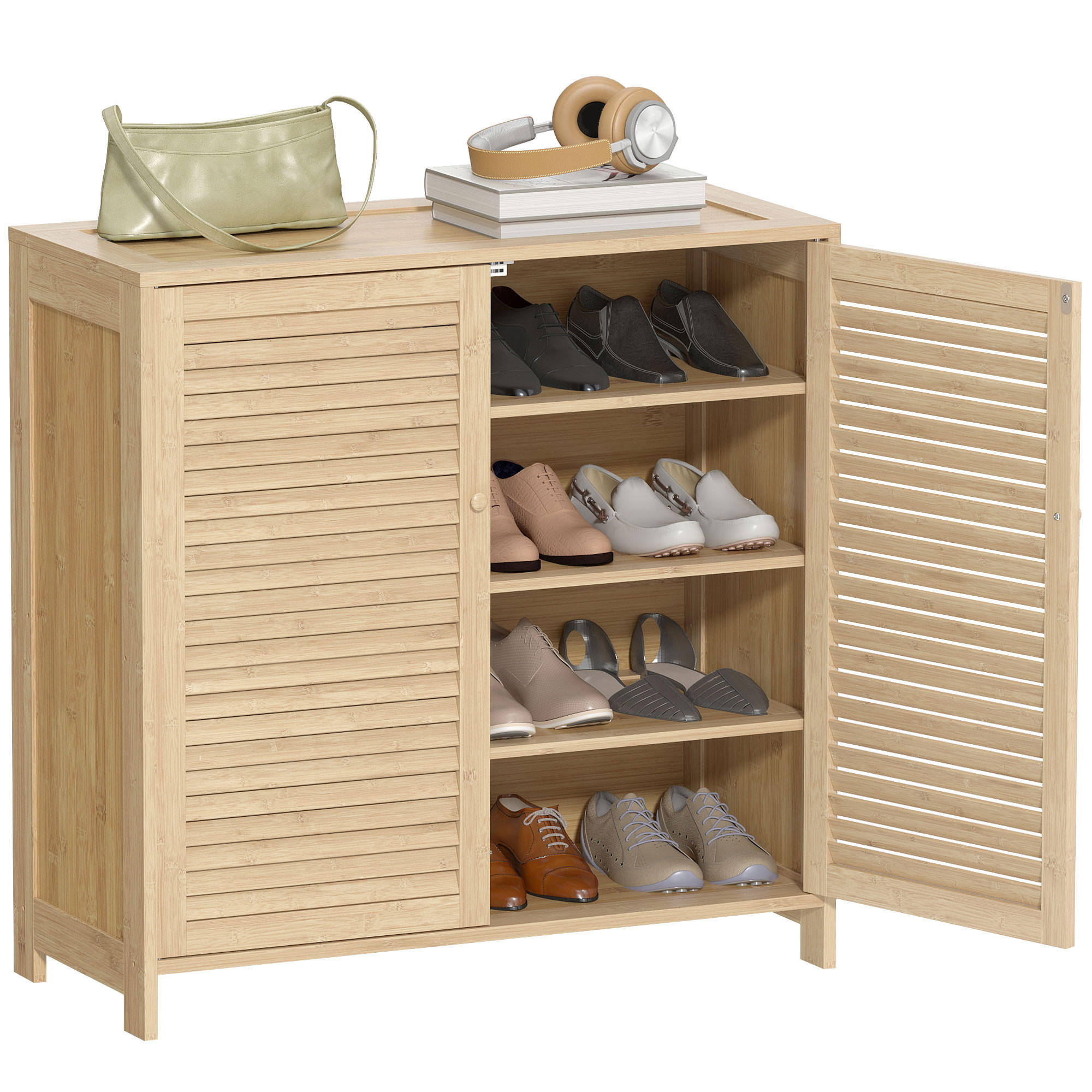 SCHUHSCHRANK,BAMBUS Lamellentüren für 14 Paar,natur - Beige, Holzwerkstoff (80/80/35cm) - Vallsero