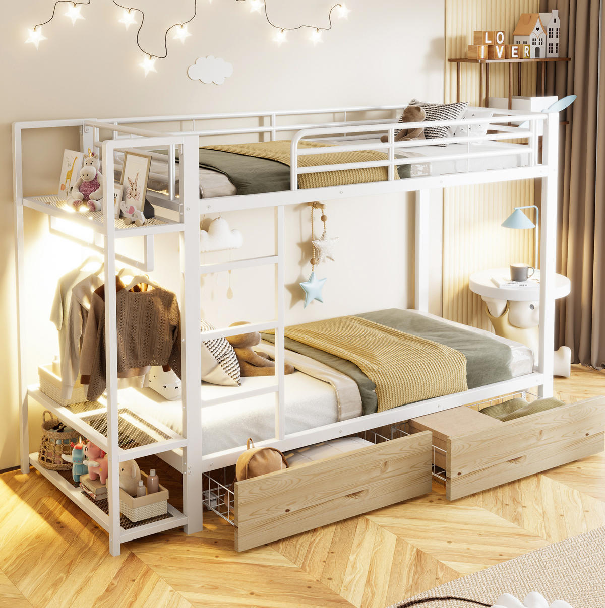ETAGENBETT 90/200 cm Weiß mit LED, Schubladen und Wäscheständer ohne Matratze - Weiß, Metall (90/200cm) - MIVRAY