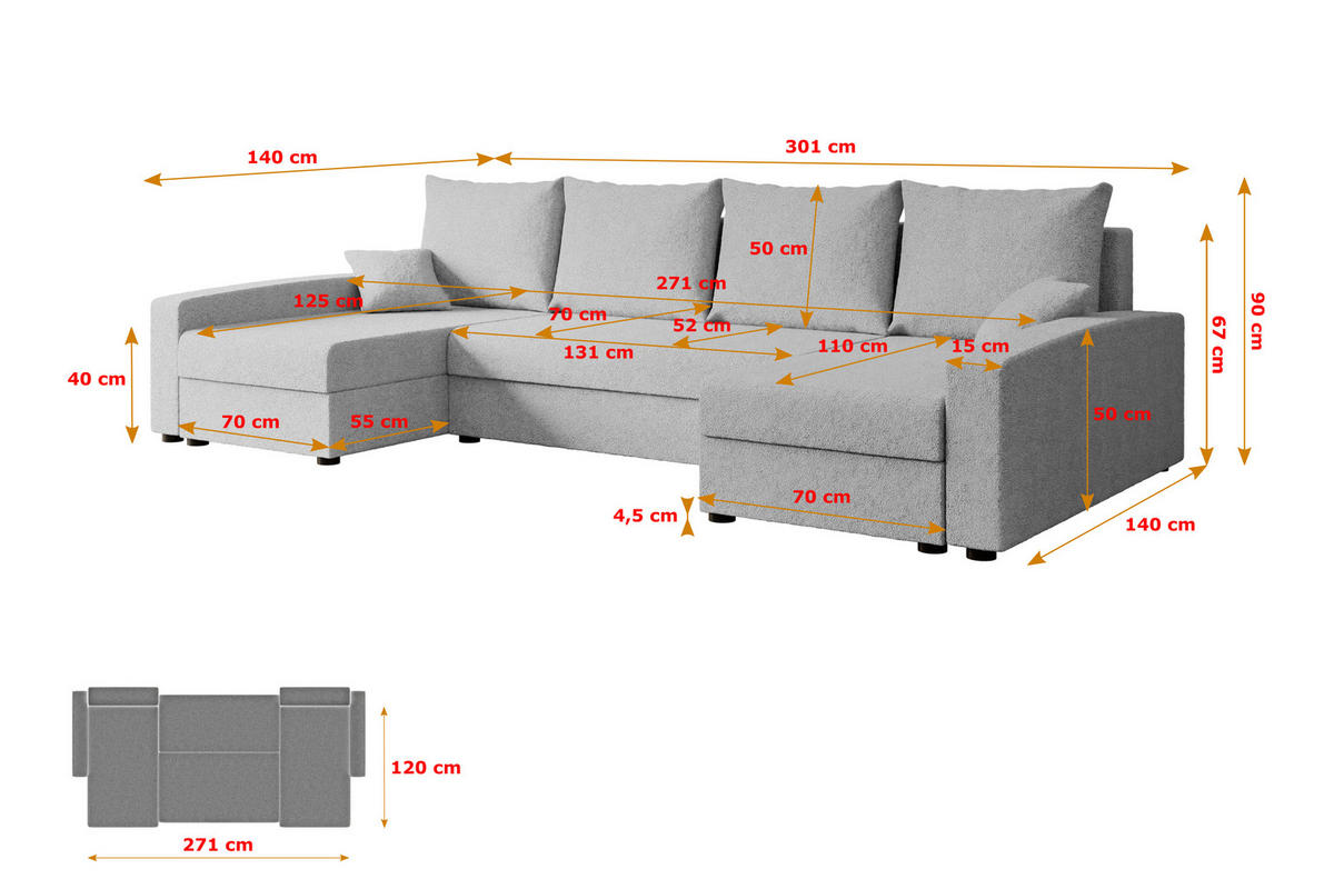 WOHNLANDSCHAFT mit Schlaffunktion und Bettkasten ALESIA-U 301x140x90 cm Grau Bouclé - Silberfarben/Hellgrau, Holzwerkstoff/Kunststoff (301/90/140cm) - ALTDECOR