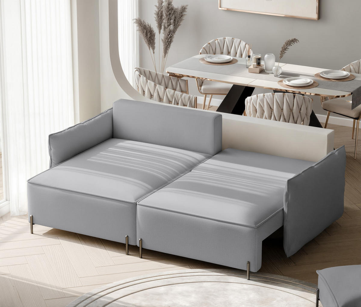 ECKSOFA MARCO Links, mit Schlaffunktion und Bettkasten, Grau - Grau, Textil/Metall (221/148cm) - Idohome