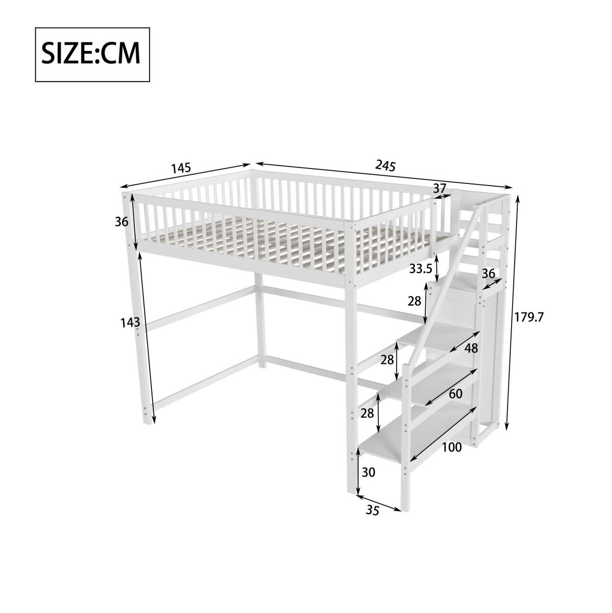 HOCHBETT 140/200 cm mit Treppe, Kleiderschrank und Stauraum aus Holzwerkstoff, Weiß - Weiß, Holzwerkstoff (140/200cm) - Redom