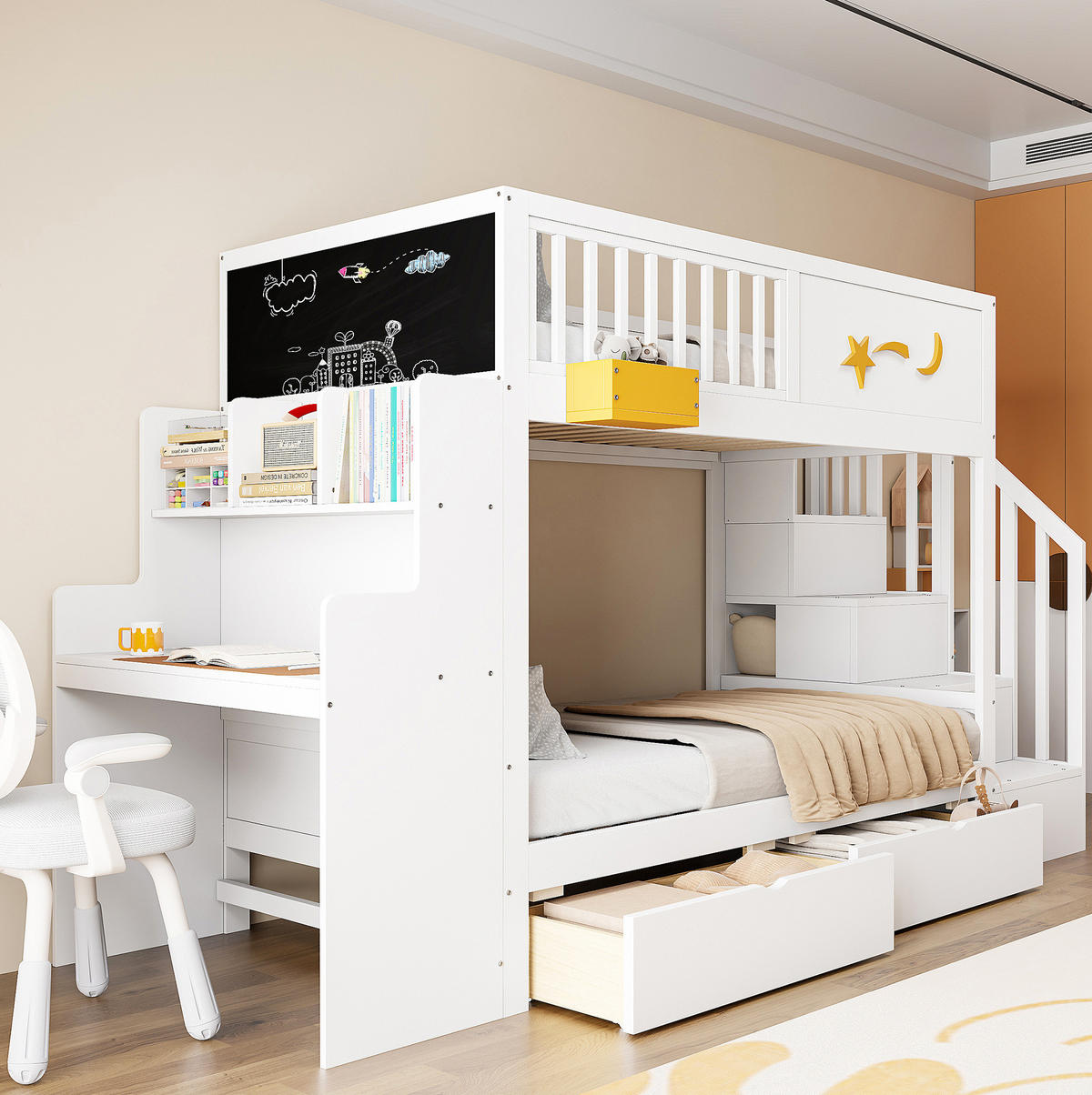 ETAGENBETT 90/200 cm aus Kiefernholz mit Schreibtisch und Treppe, Weiß - Weiß, Holz (90/200cm) - OKMYHOME