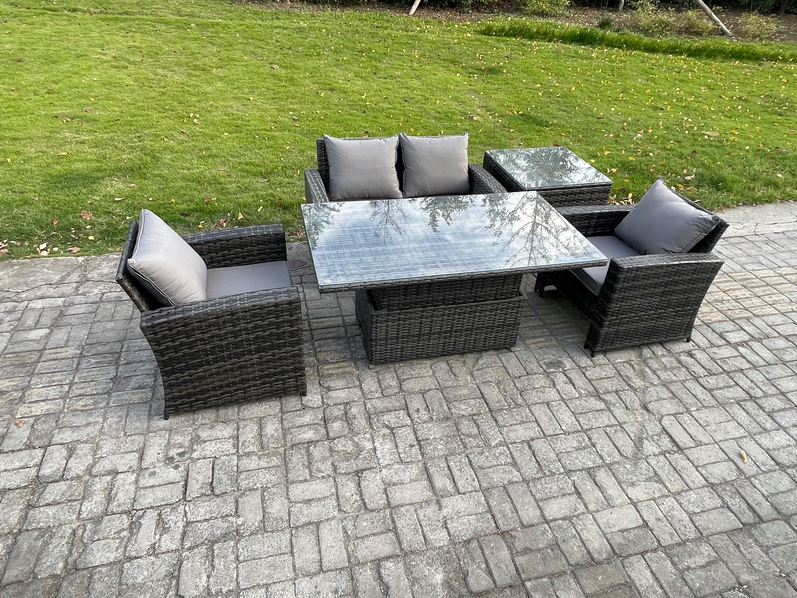 GARTENMÖBEL-SET ESSTISCH MIT SOFA BEISTELLTISCH Polyrattan Dunkelgrau Gemischt - Dunkelgrau, Metall - Fimous