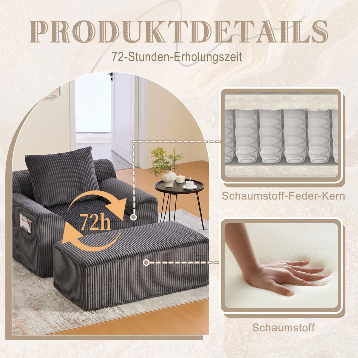 SESSEL mit Hocker in Cord Übergroßer Relaxsessel - Dunkelgrau, Textil (147/67/110cm) - Urban Meuble