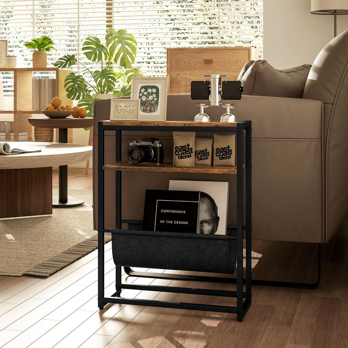 BEISTELLTISCH DE-15764 mit Zeitschriftenhalter Schwarz - Braun, Metall (43/18/56cm) - ComfortXL