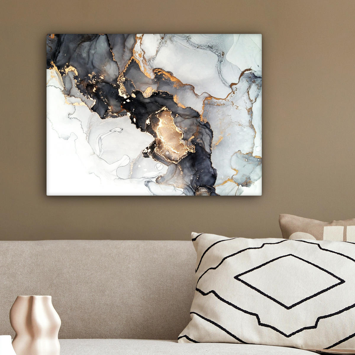 LEINWANDBILD Marmor - Schwarz - Weiß - Gold - Luxus - Abstrakt 40x30 cm - Goldfarben, Textil (40/30cm) - MuchoWow