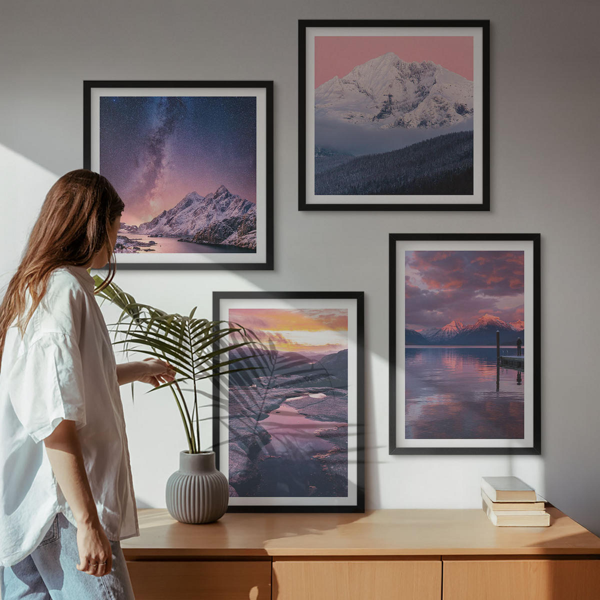 BILDER SET 4er Set - 50x50 cm & 40x60 cm Schwarzer Rahmen - Berge, Wasser, wunderschöne Landschaften - Schwarz, Kunststoff (50/50cm) - TULUP