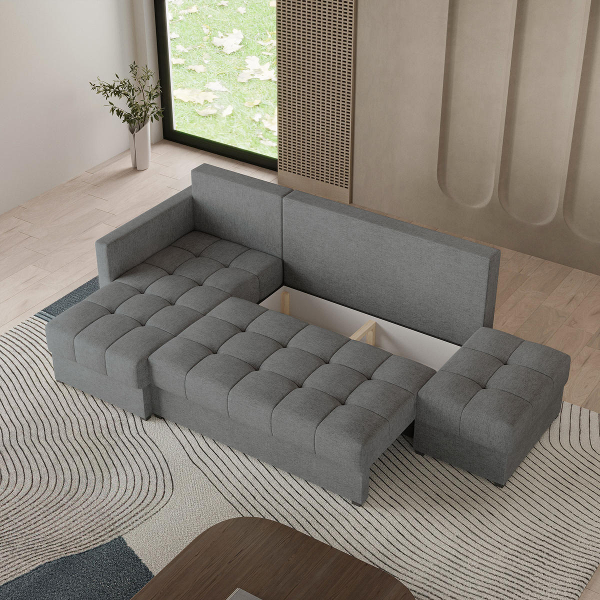 ECKSOFA LUMARI L-S Grau Plüsch-Stoff mit Schlaffunktion - Grau, Holz (262/143cm) - MASSENO
