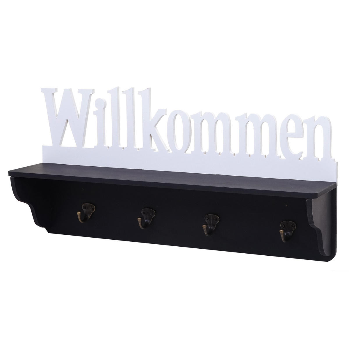 WANDGARDEROBE WILLKOMMEN 4 HAKEN Schwarz, Reinweiß - Schwarz/Weiß, Holz (60/30/13cm) - MCW