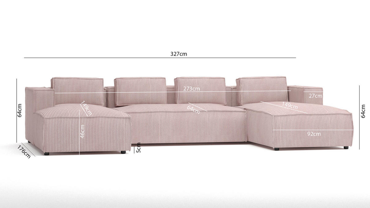 WOHNLANDSCHAFT Nova Puderrosa Cord - Pink/Schwarz, Holz/Kunststoff (327/64/176cm) - S-Style Möbel