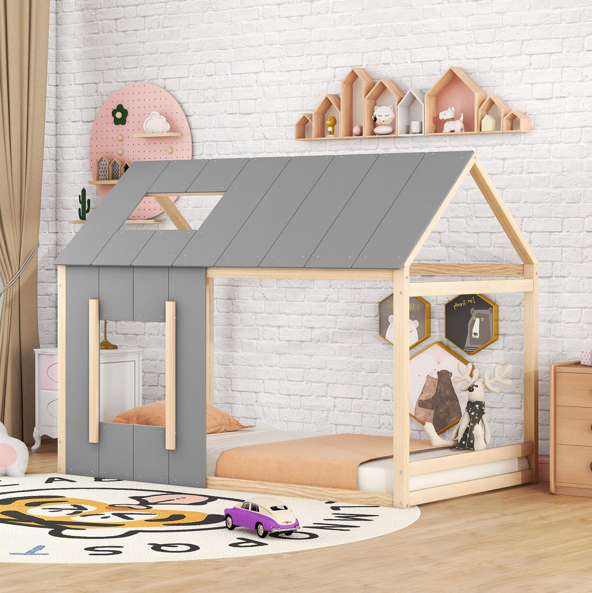 KINDERBETT 90/200 cm in Hausform mit Dach und Fenster aus Kiefern Holzwerkstoff und MDF, Natur/Grau - Grau, Holzwerkstoff (90/200cm) - Redom