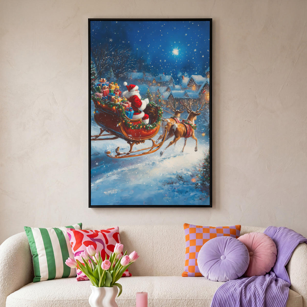 LEINWAND Bilder mit Rahmen - Weihnachtsmann - Rentier - Weihnachten - Schnee - 100x150 - Cognac, Textil (100/150cm) - MuchoWow