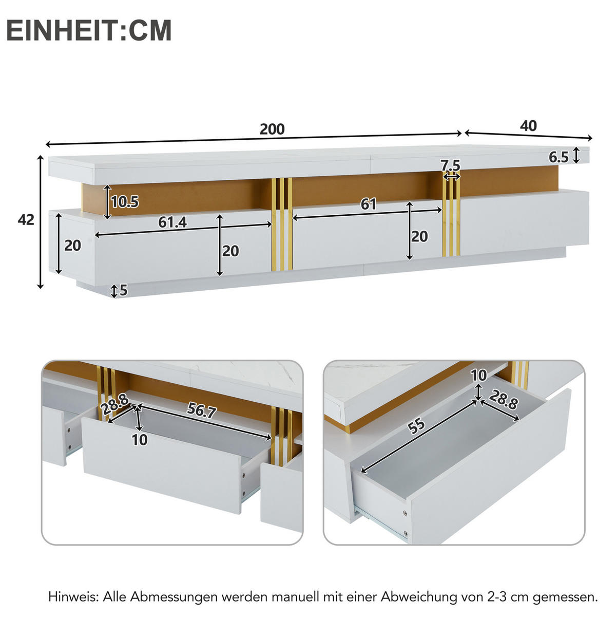 TV-ELEMENT 200/40/42 cm mit 3 Schubladen in Weiß mit Marmor-Optik - Weiß, Holzwerkstoff (200/42/40cm) - BEAOK