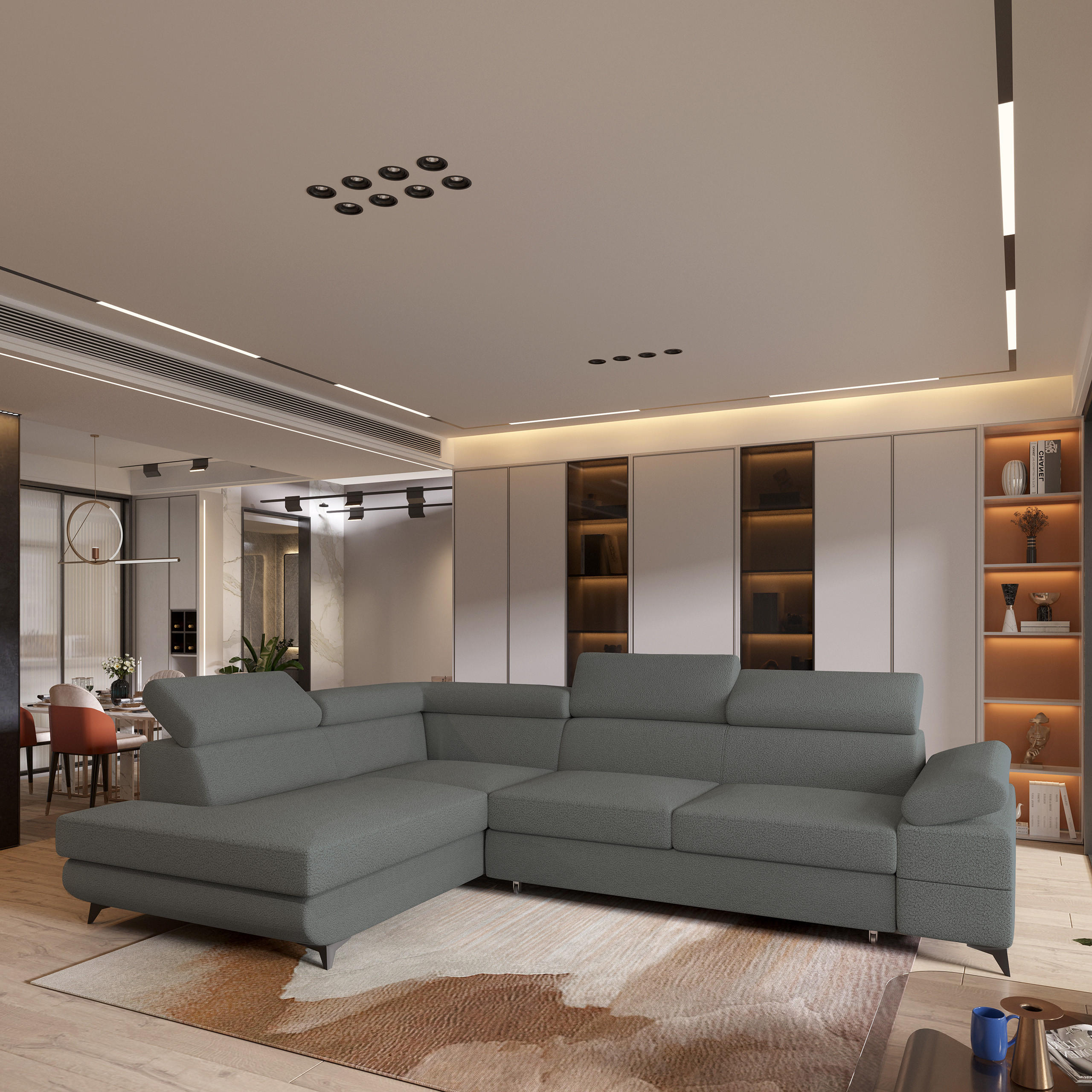 ECKSOFA FAVIEN L-S Grau Boucle-Stoff mit Schlaffunktion - Grau, Holz (257/190cm) - MASSENO