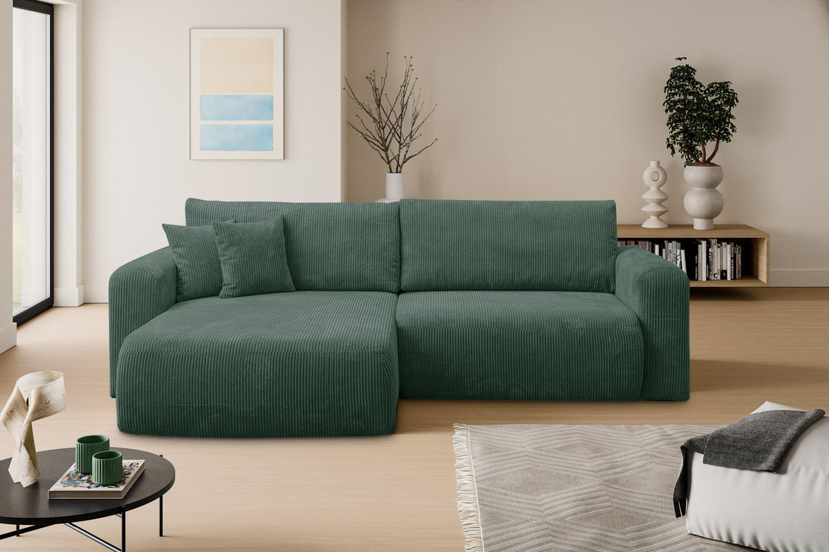 ECKSOFA Roma, Eckcouch in L-Form mit Schlaffunktion und Bettkasten, Farbe: Grün, Cordstoff, Ottomane Universal - Grün, Textil (244/142cm) - VENASI MÖBEL