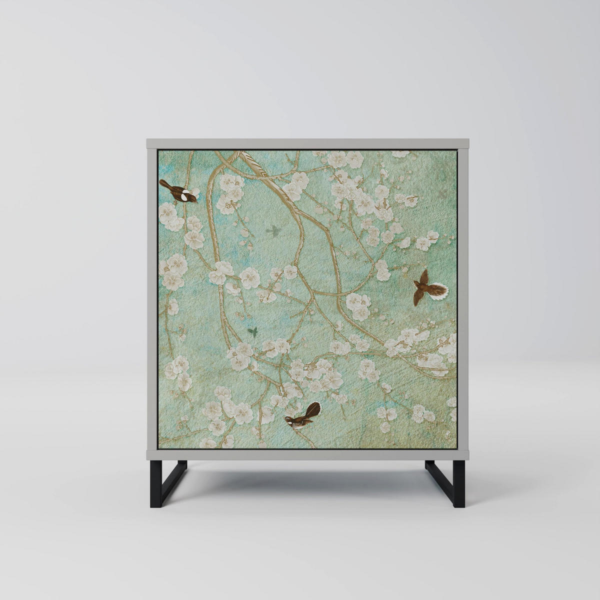 SIDEBOARD BLOOMING CHARM, Grau, 57,5x42x72,5 cm, Schwarze Metallfüße - Multicolor/Schwarz, Holzwerkstoff/Metall (57.5/72.5/42cm) - SpaceRebels