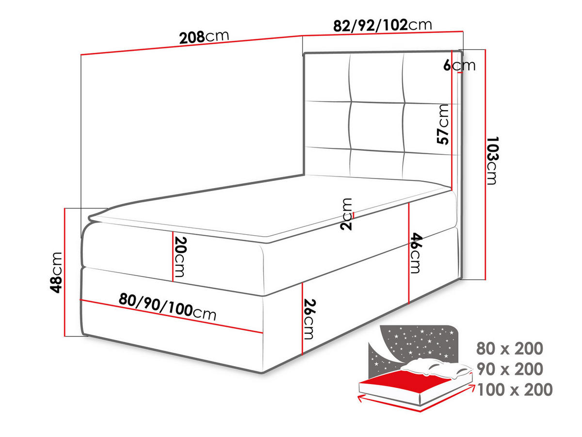 BOXBETT Mini 2, Seite zum Öffnen des Bettkastens: Rechts - H3 - Schwarz, Holz (100/200cm) - MIRJAN24