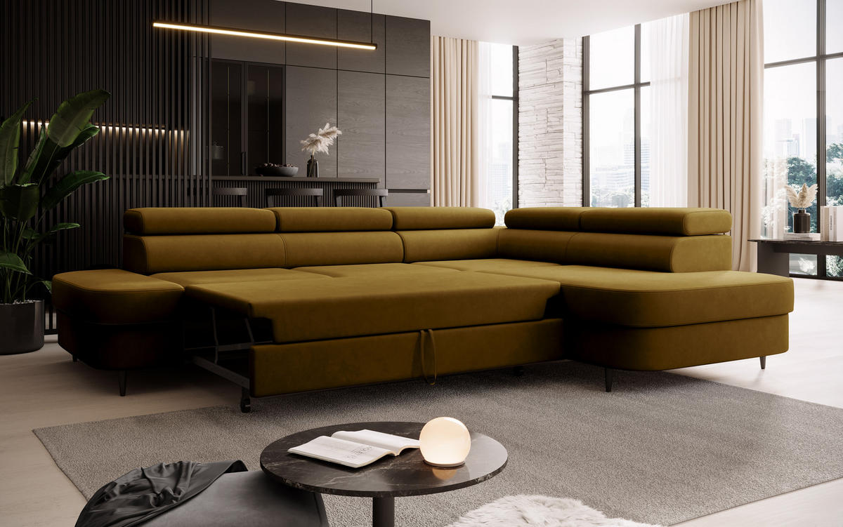 ECKSOFA Priam L-Form mit Schlaffunktion und Stauraum Modern Form Gold - Goldfarben, Holz/Textil (275/203cm) - Muffo