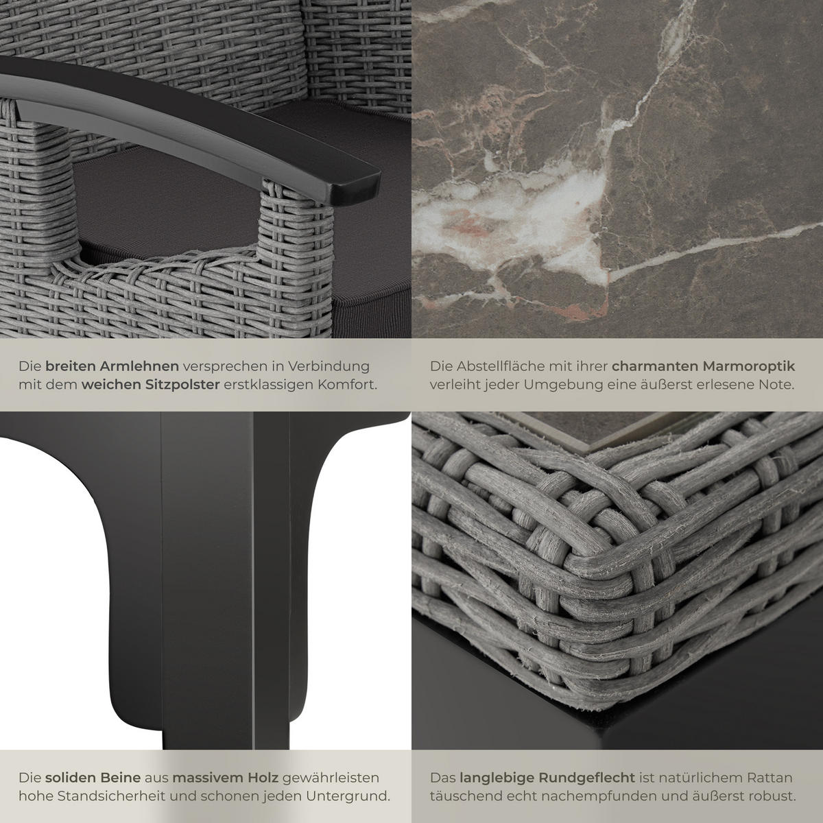 GARTENTISCH FOGGIA MIT 6 STüHLEN ROSARNO ,Armlehnen und Beine aus Holz,grau - Grau, Kunststoff - tectake