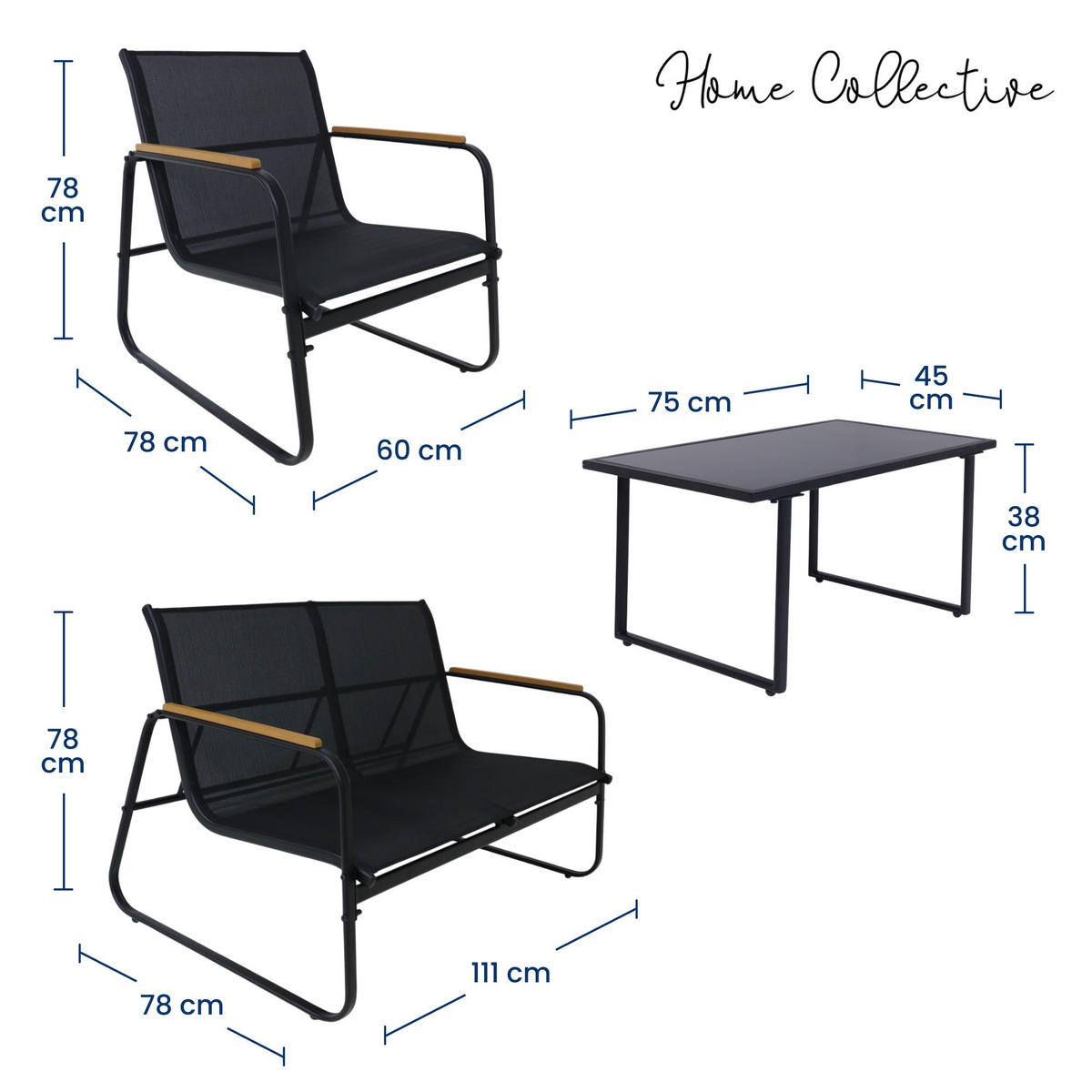 GARTENLOUNGE-SET mit 2-Sitzer-Sofa, zwei Sesseln und Couchtisch - Schwarz, Metall - Home Collective