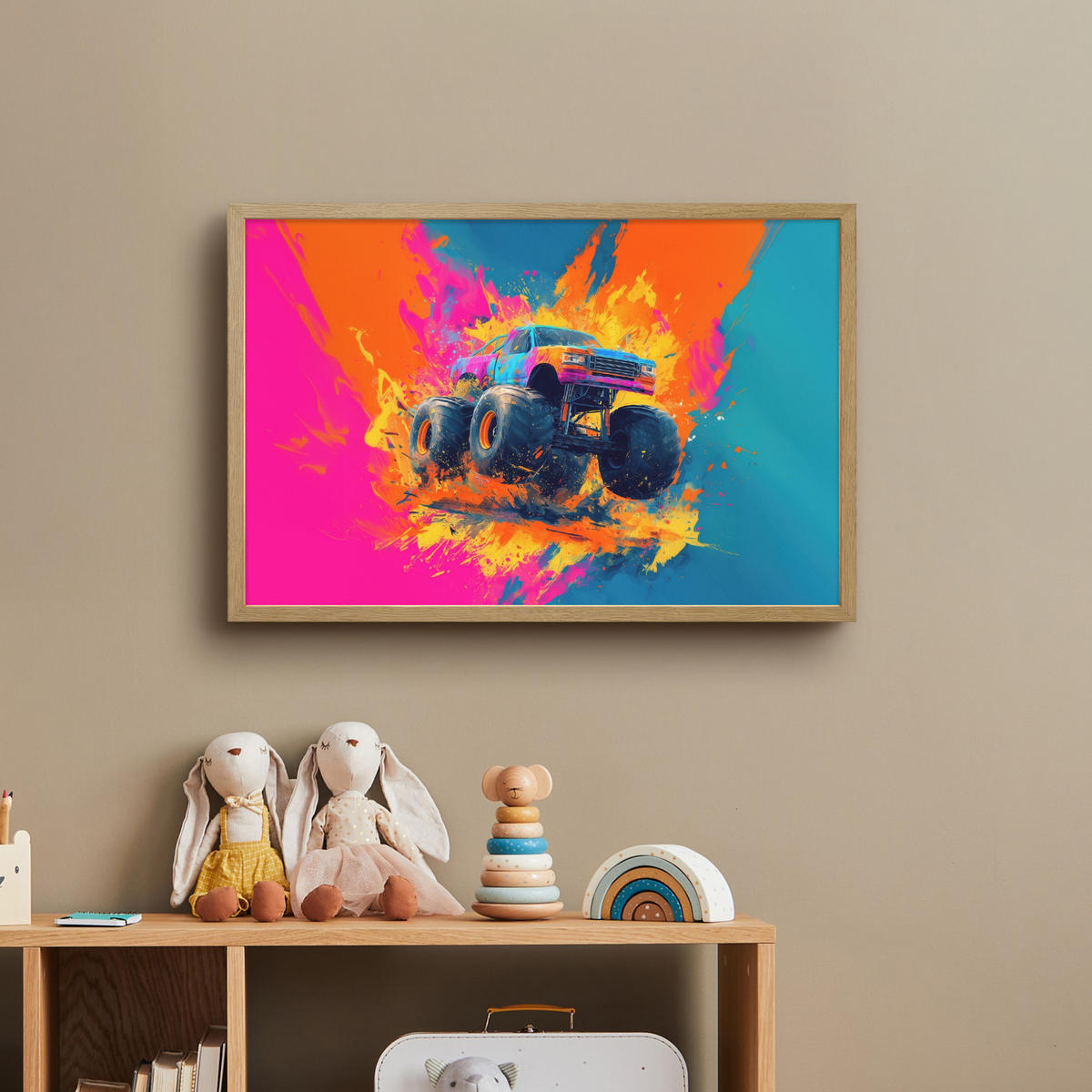 NÁSTĚNNÁ LAMPA S AKUMULÁTOREM Monster truck - Abstraktní - Stříkající barva - Barevné 60x40 cm - růžová, kompozitní dřevo (60/40/8cm) - OnlyWow