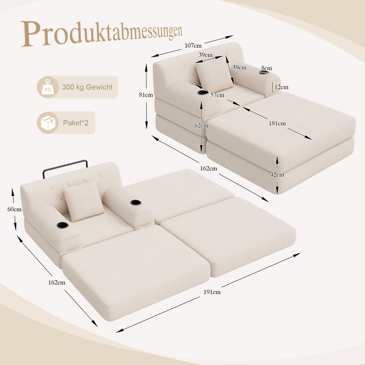 SCHLAFSOFA mit Hocker und Liegefunktion aus Cord mit Getränkehaltern und Seitentaschen in Beige - Beige, Textil (191/60/162cm) - EVRYAE