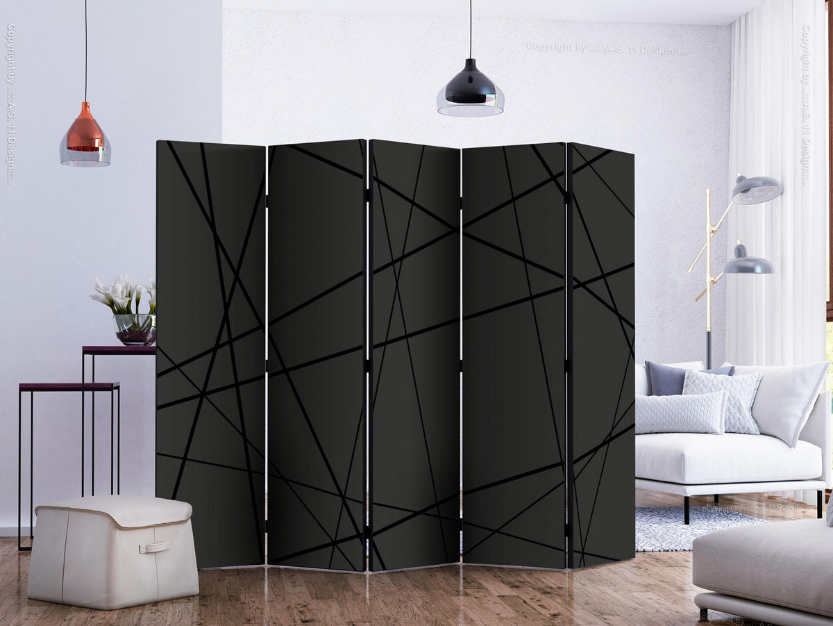 PARAVÁN Obojstranný 5-Dielny 225x172 cm Moderná línia - čierna, drevo/textil (225/172/3cm) - Muralo