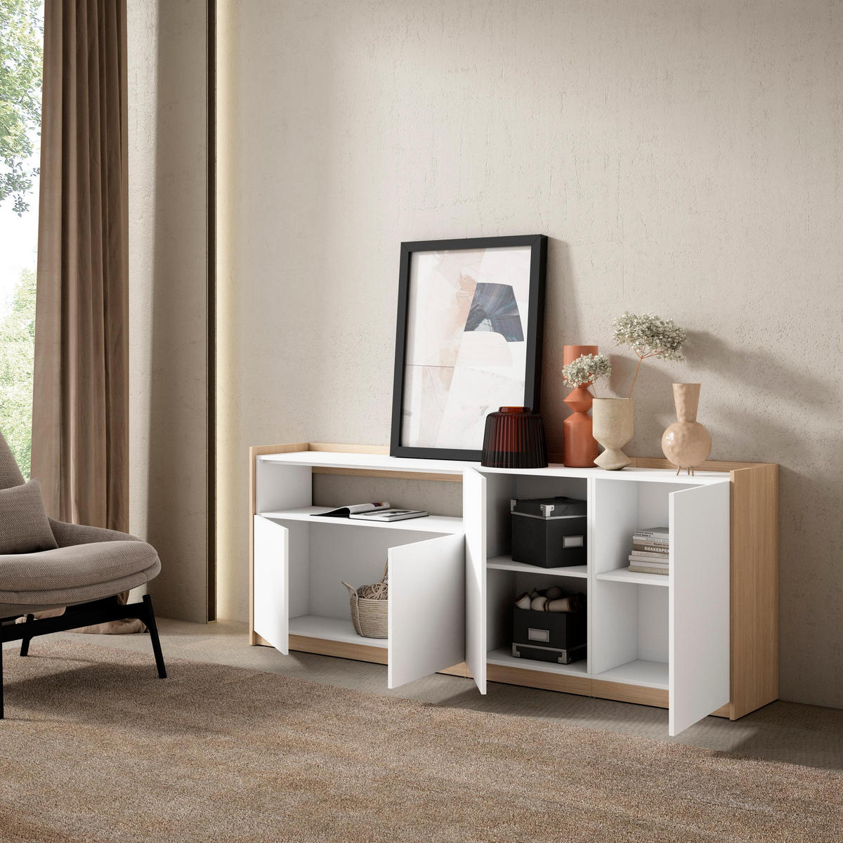 SIDEBOARD, Highboard, Weiß und Eiche Soft, 207/37/80cm - Weiß, Holzwerkstoff (207/80/37cm) - Skraut Home