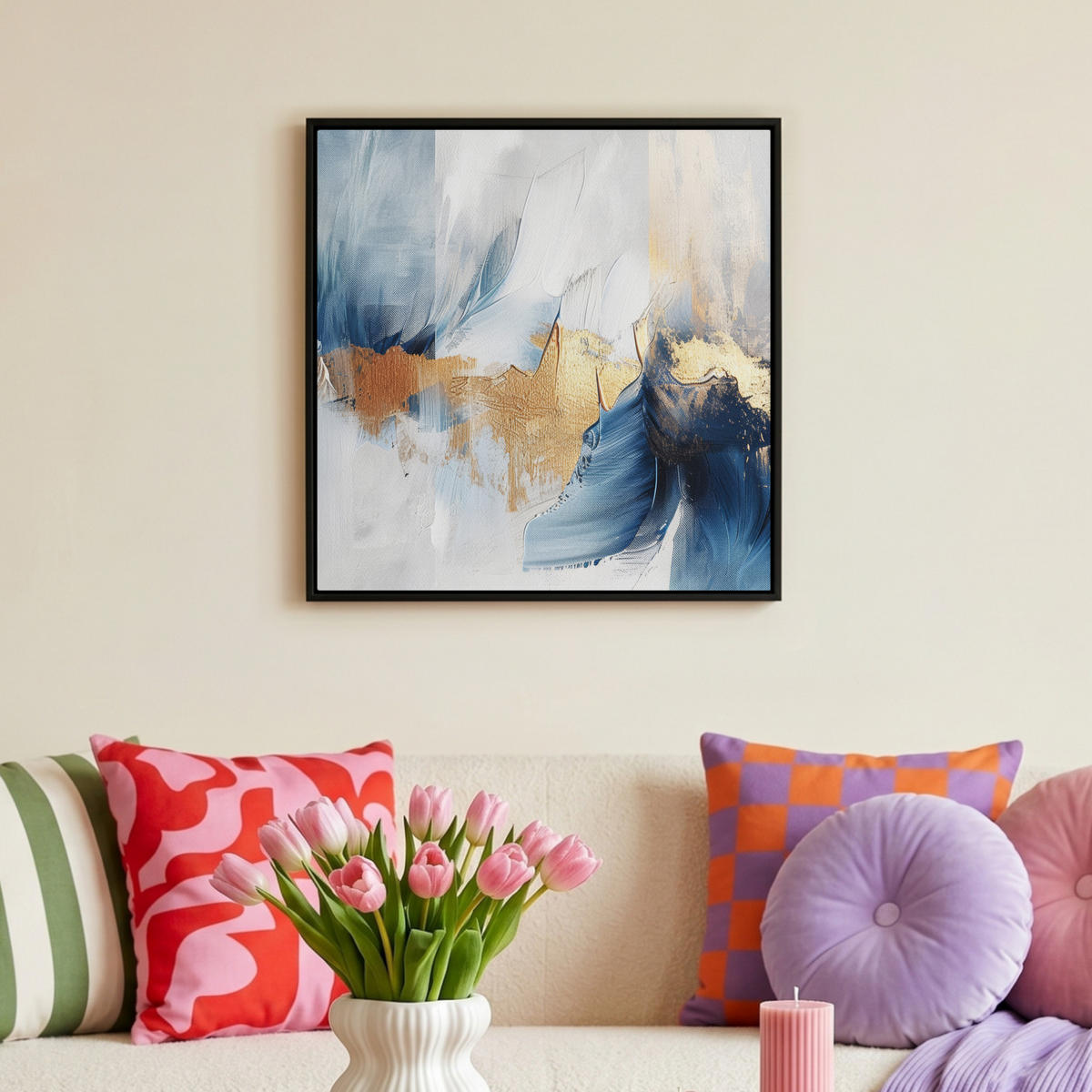 LEINWAND Bilder mit Rahmen - Gold - Blau - Aquarell - Kunst - Modern - 50x50 - Hellblau, Textil (50/50cm) - MuchoWow