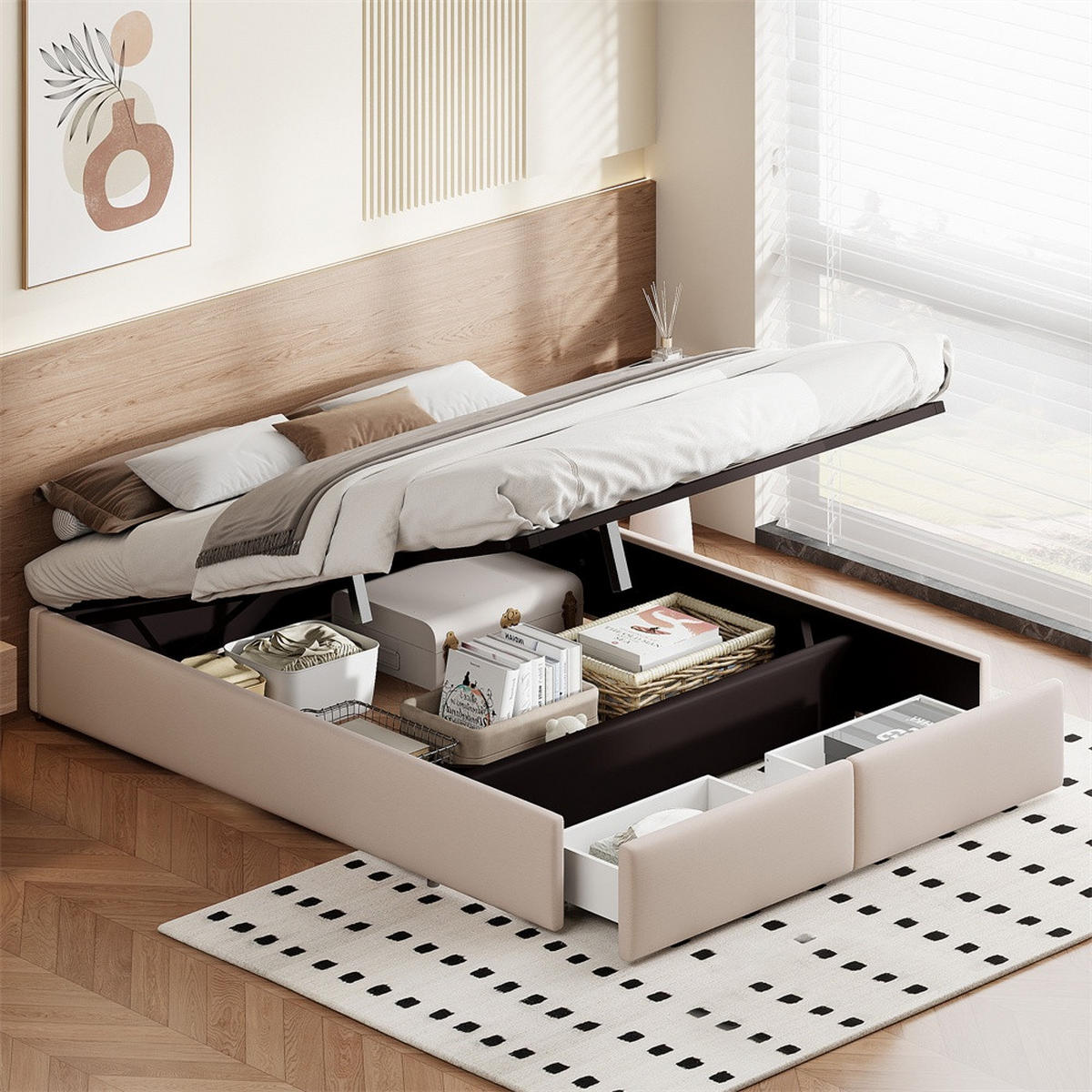 POLSTERBETT 140x200 cm ohne Kopfteil - Hydraulischer Bettkasten und 2 Fußteil-Schubladen - ohne Matratze - Beige - Beige, Textil (140/200cm) - DELFA