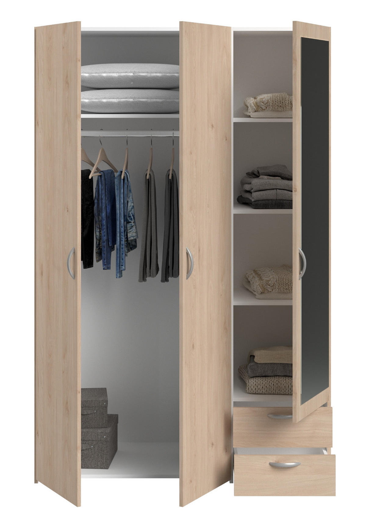 KLEIDERSCHRANK mit Spiegel Eiche 120cm 3-türig Drehtürenschrank - Eichefarben/Silberfarben, Holzwerkstoff/Kunststoff (120/185/51cm) - Furn.Design