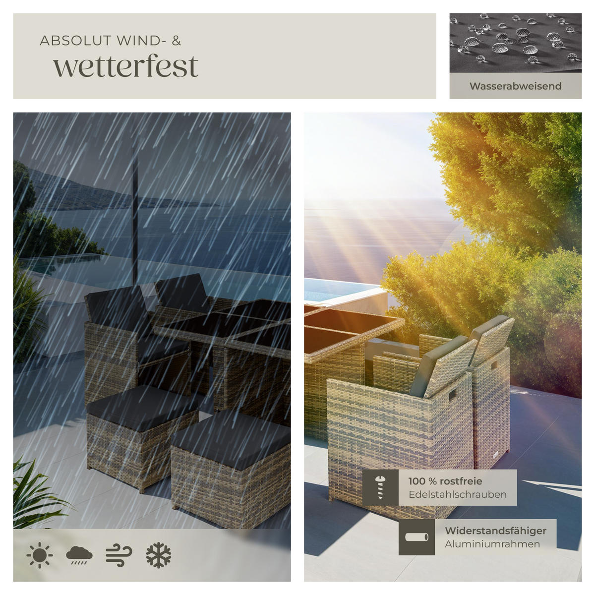 RATTAN SITZGRUPPE Manhattan,2 Bezugssets, zusammenschiebbar, inklusive Schutzhülle,natur - Naturfarben, Kunststoff - tectake