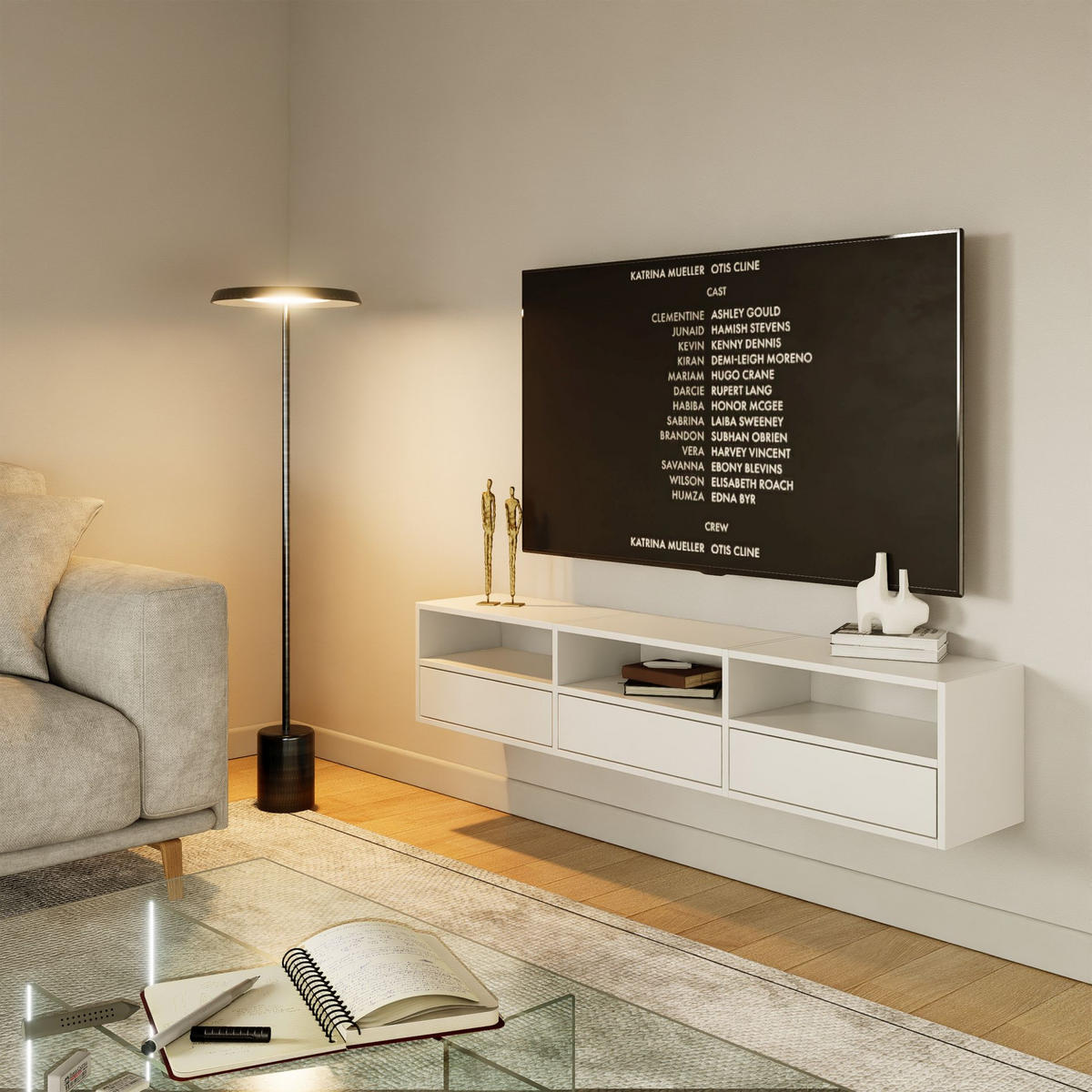 TV-LOWBOARD hängend, 3 Klappen und Ablagen, Weiß, 150 cm - Weiß, Holzwerkstoff (150.1/30/30cm) - Selsey