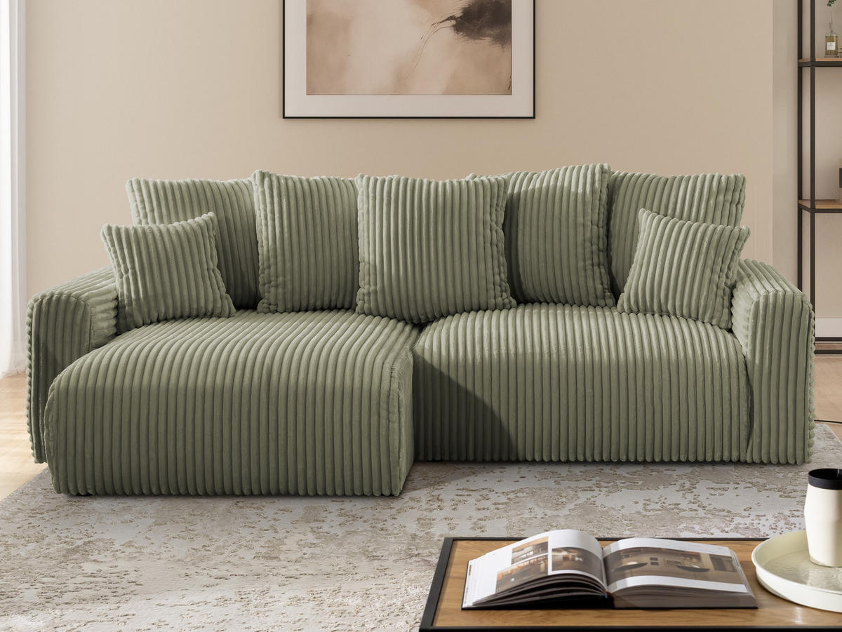 ECKSOFA Calma mit Schlaffunktion und Bettkasten im Bumpy-Design aus weichem Olive Plüschcord - Ottomane links - Schwarz/Grün, Holz/Kunststoff (239/140cm) - S-Style