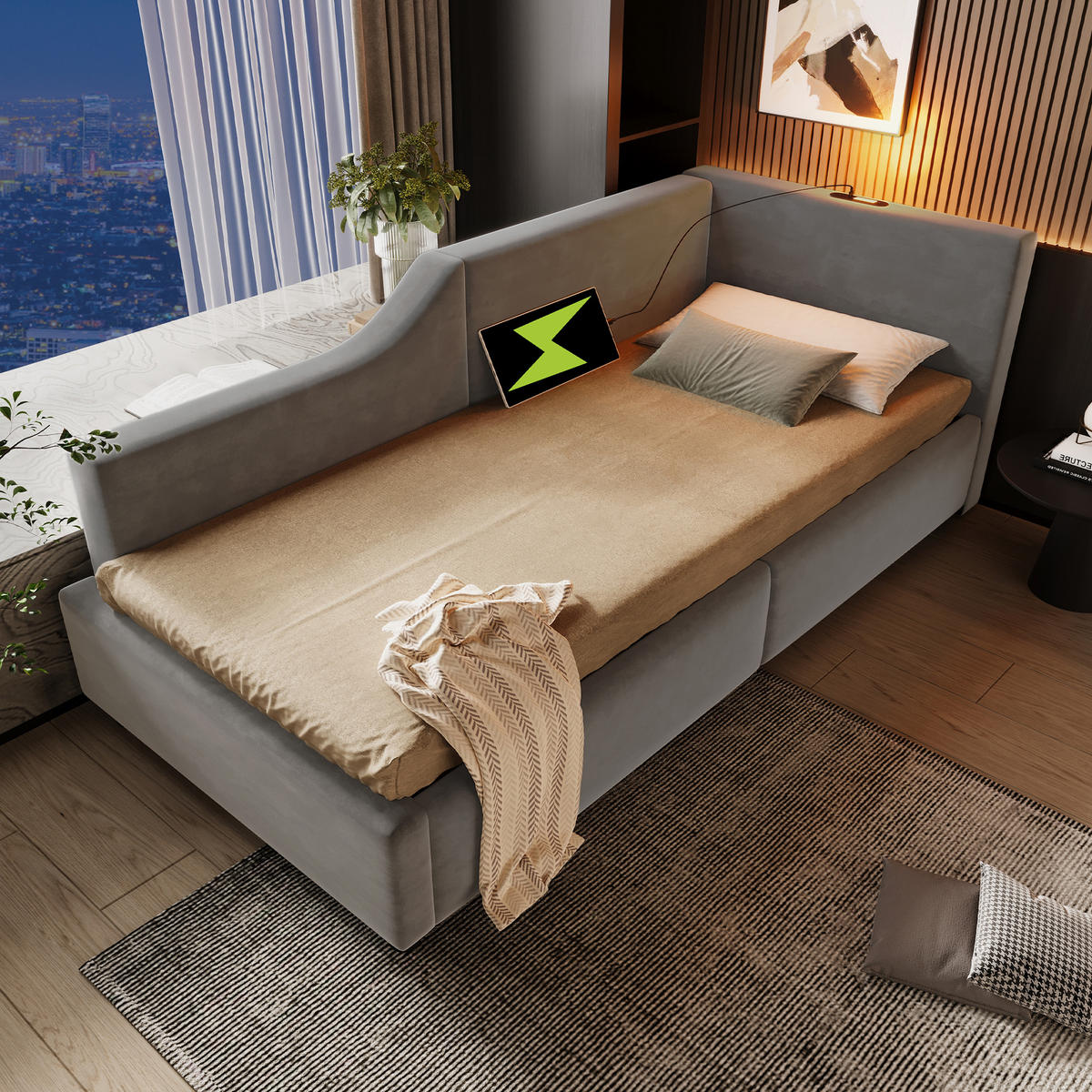 TAGESBETT 90/190 cm Grau mit hydraulischem Stauraum und USB-C-Ladefunktion - Grau, Textil (90/190cm) - OKWISH