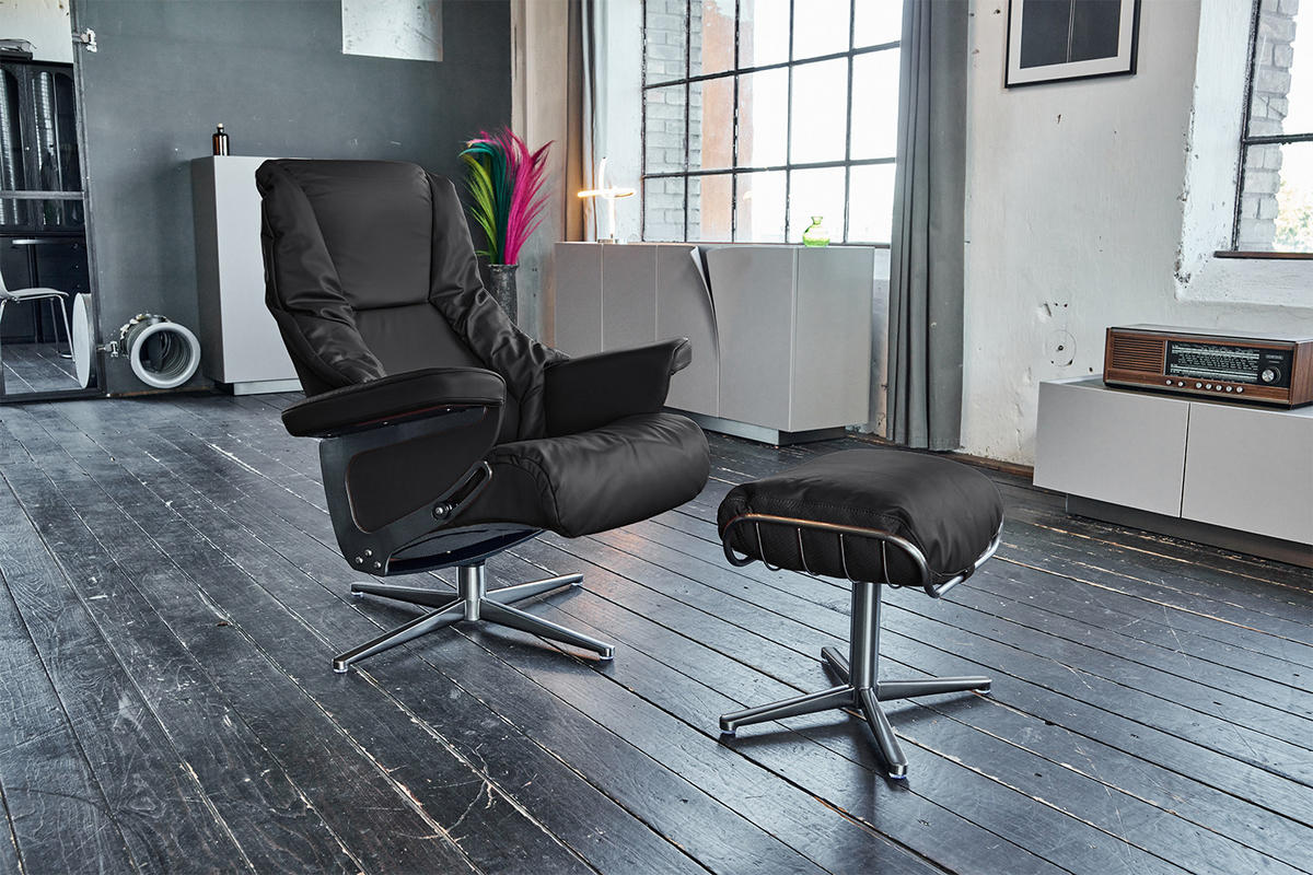 RELAXSESSEL MIT HOCKER MODO Schwarz Leder - Silberfarben/Schwarz, Leder/Metall (81/98/90cm) - KAWOLA