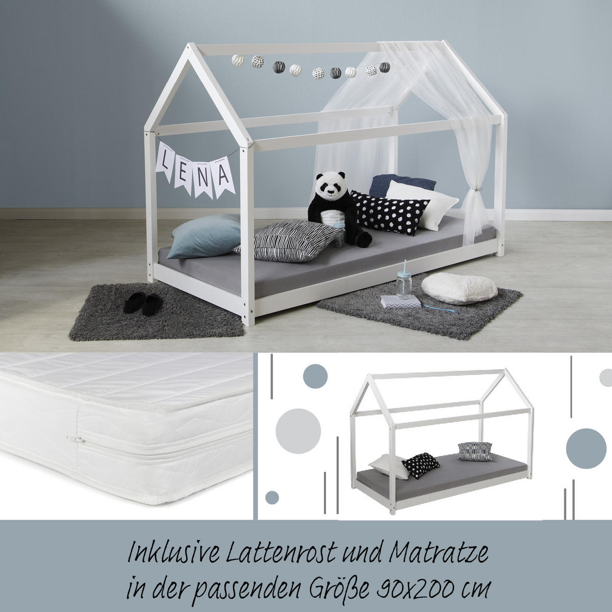 HAUSBETT mit Matratze 90/200 cm Weiß - Weiß, Holz (206/141/96cm) - Homestyle4u