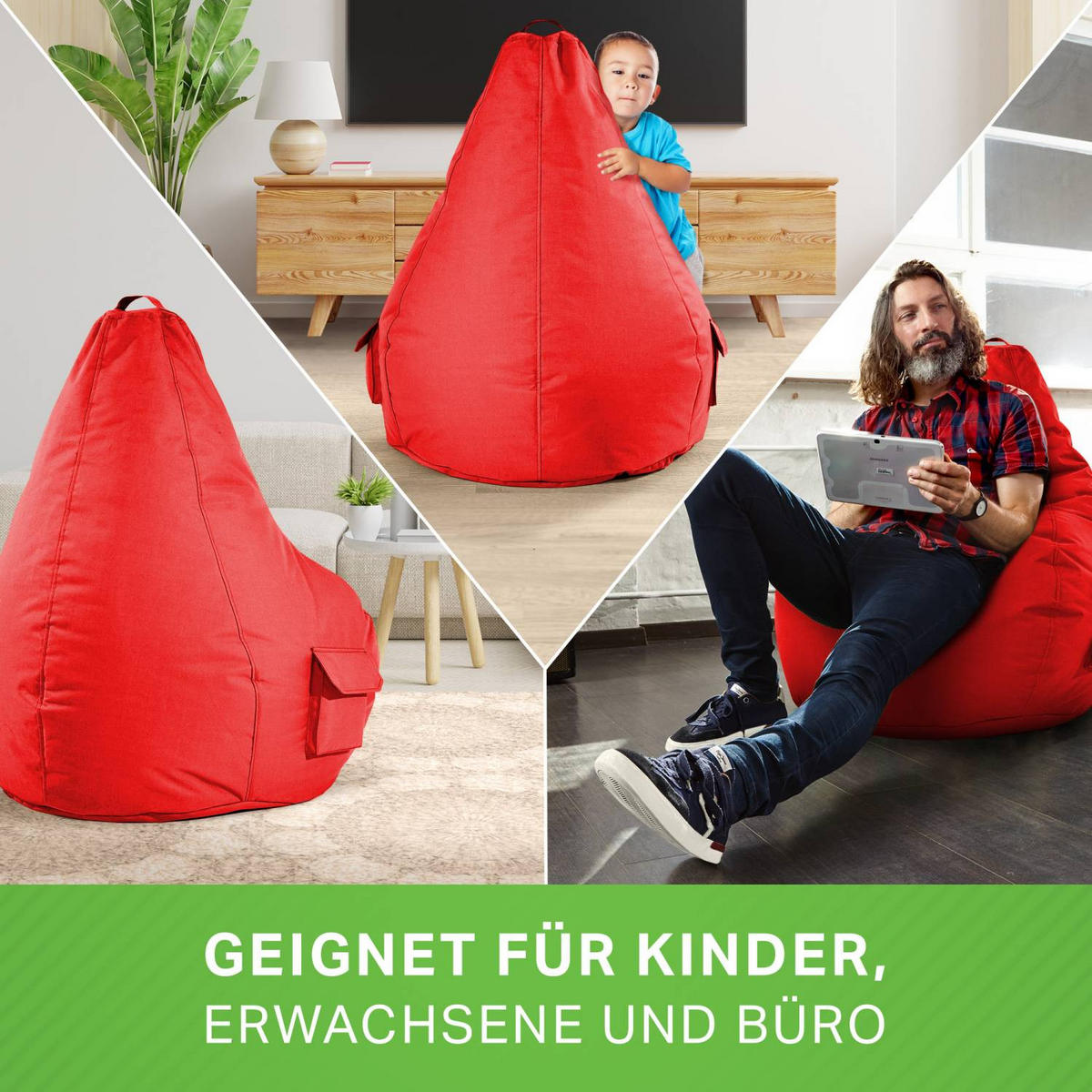 SITZSACK + Hocker "Cozy+Cube" 2er Set - Rot, Textil (70/90/80cm) - Green Bean