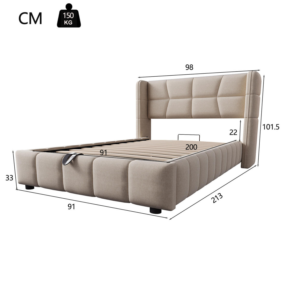 KINDERBETT 90/200 cm mit Stauraum, Hebemechanismus und gepolstertem Kopfteil aus Leinenstoff, Beige - Beige, Textil (90/200cm) - Redom
