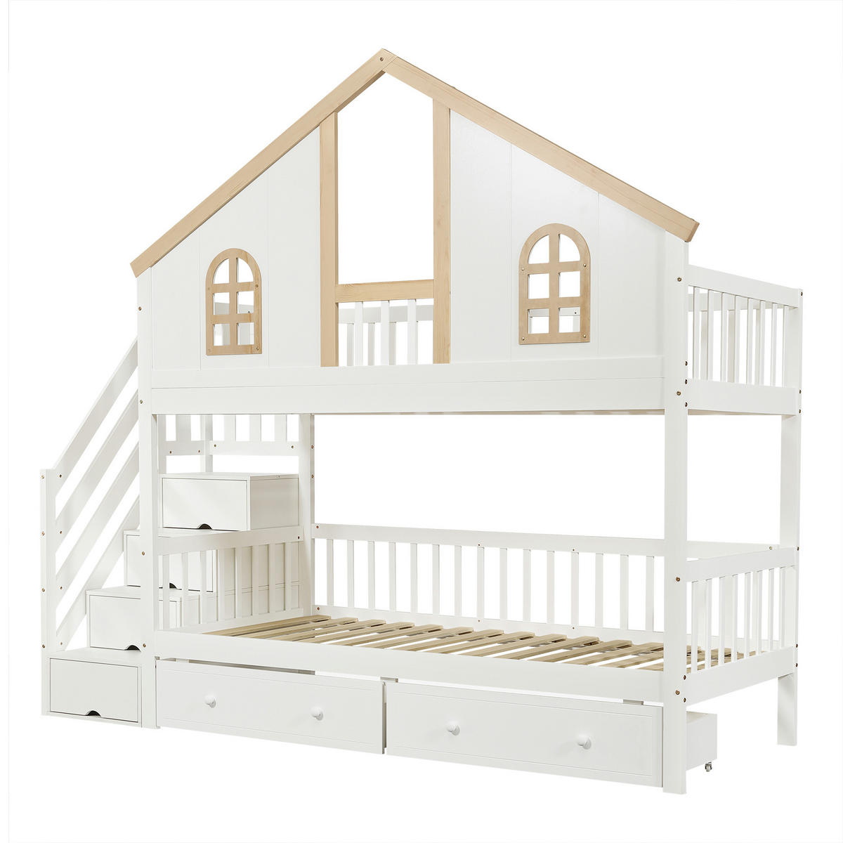 ETAGENBETT 90/200 cm Hausbett mit Stauraumtreppe, DE-41749, in Weiß - Weiß, Holzwerkstoff (90/200cm) - ComfortXL