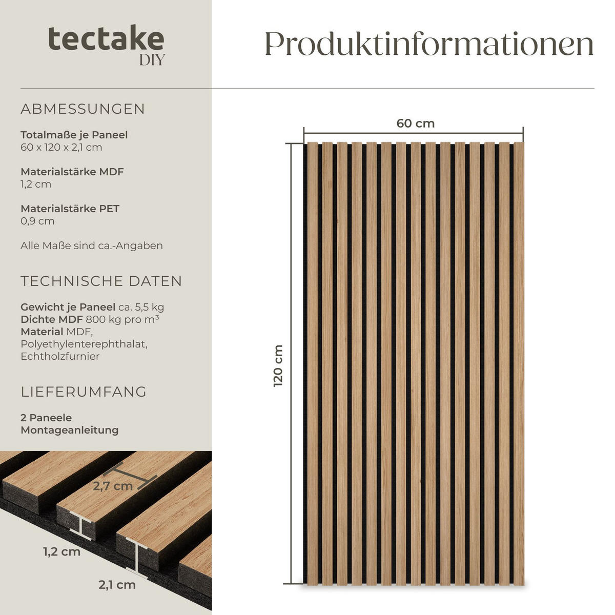 AKUSTIKPANEELE 2er Set Sonic Wall,je 60 x 120 x 2,1 cm, Größe flexibel anpassbar,Eiche - Eichefarben, Holz (60/2.1/120cm) - tectake