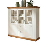 HIGHBOARD weiß Pinie, Eiche Wotan, Landhaus Buffet 148 x 140 cm - Silberfarben/Eiche Wotan, Glas/Holzwerkstoff (148/139/44cm) - Furn.Design