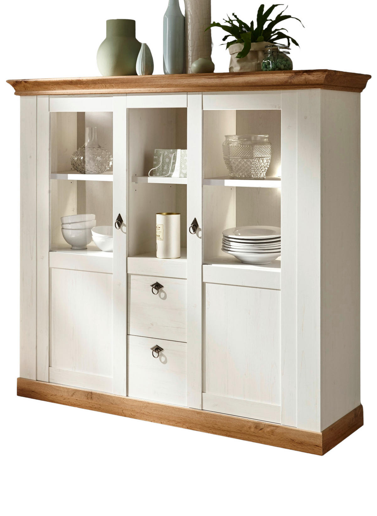 HIGHBOARD weiß Pinie, Eiche Wotan, Landhaus Buffet 148 x 140 cm - Silberfarben/Eiche Wotan, Glas/Holzwerkstoff (148/139/44cm) - Furn.Design