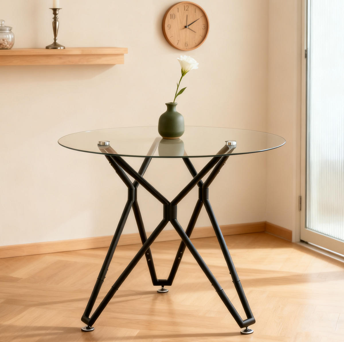 ESSTISCH aus Glas und Metall 90x90x78 cm Schwarz mit gehärteter Glasplatte und verstellbaren Füßen - Schwarz, Glas (90/90/78cm) - Modfu