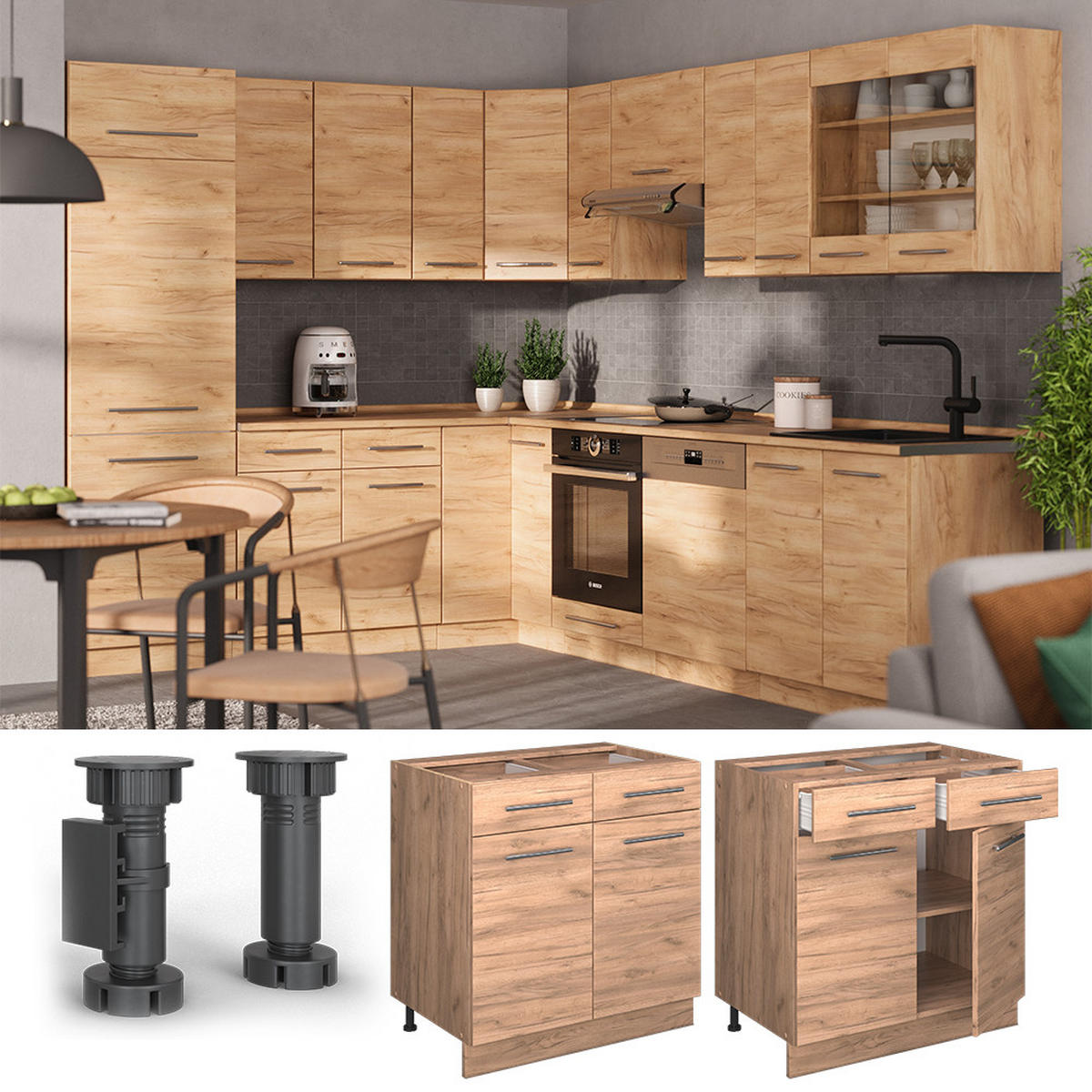 SPODNÍ SKŘÍŇKA KUCHYŇSKÉ LINKY Fame-Line Zlatý mocný dub - medově dubová, kompozitní dřevo (80/82/60cm) - Vicco