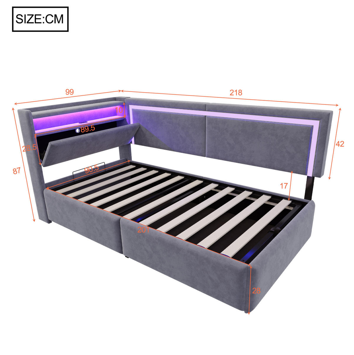 POLSTERBETT 90/200 cm mit LED-Beleuchtung, USB-Anschlüssen, Stauraum und Samtbezug, Grau - Grau, Holzwerkstoff (90/200cm) - Redom